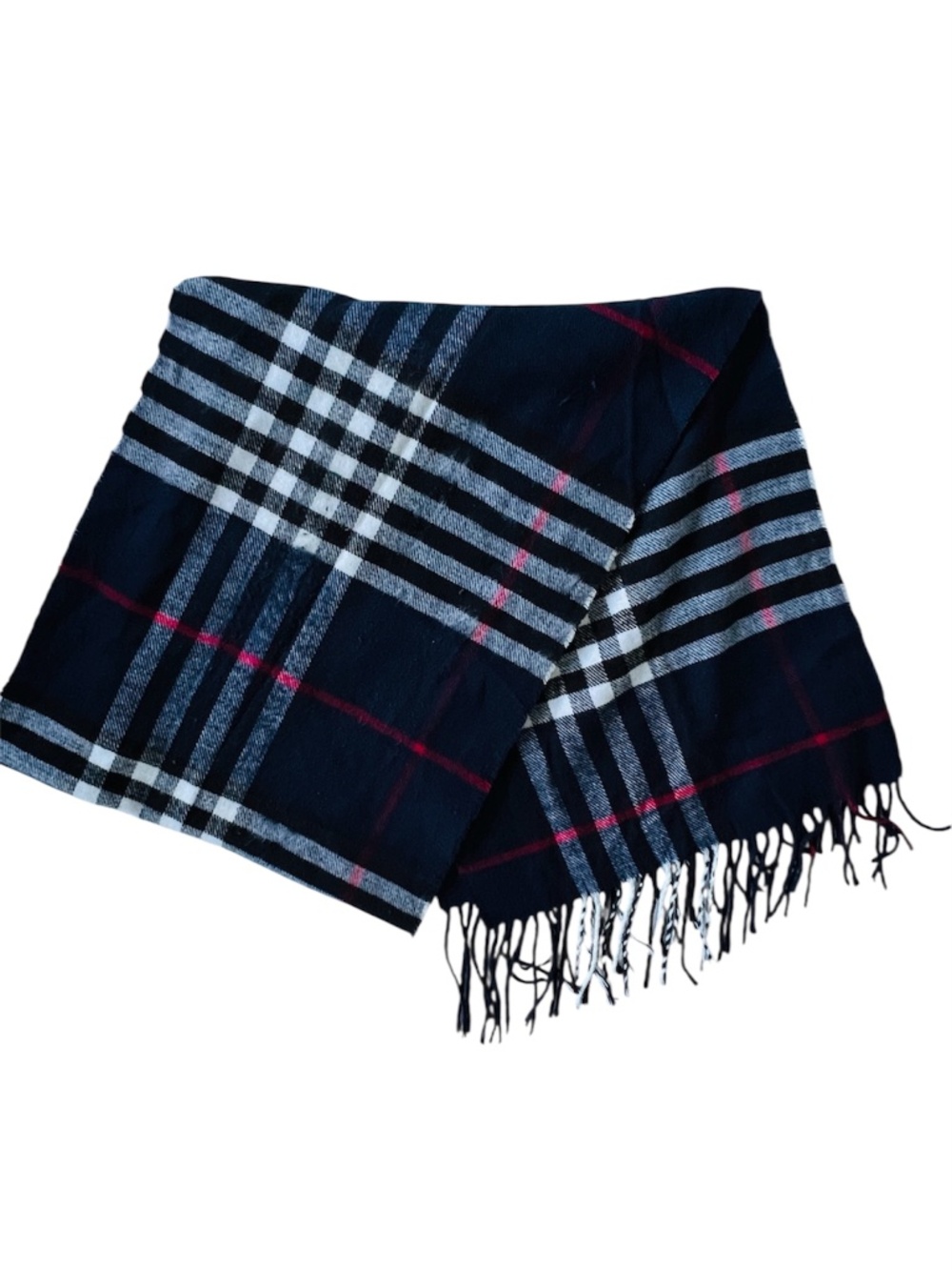 100% Cashmere Scarf Plaid Tartan Blue Red White Soft 12 1/2" x 65" Made Scotland